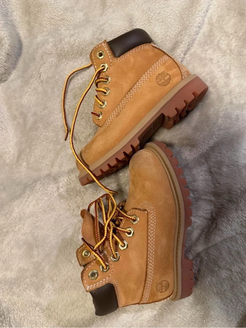 Timberland Wheat Boots with Brown Collar and Yellow Laces